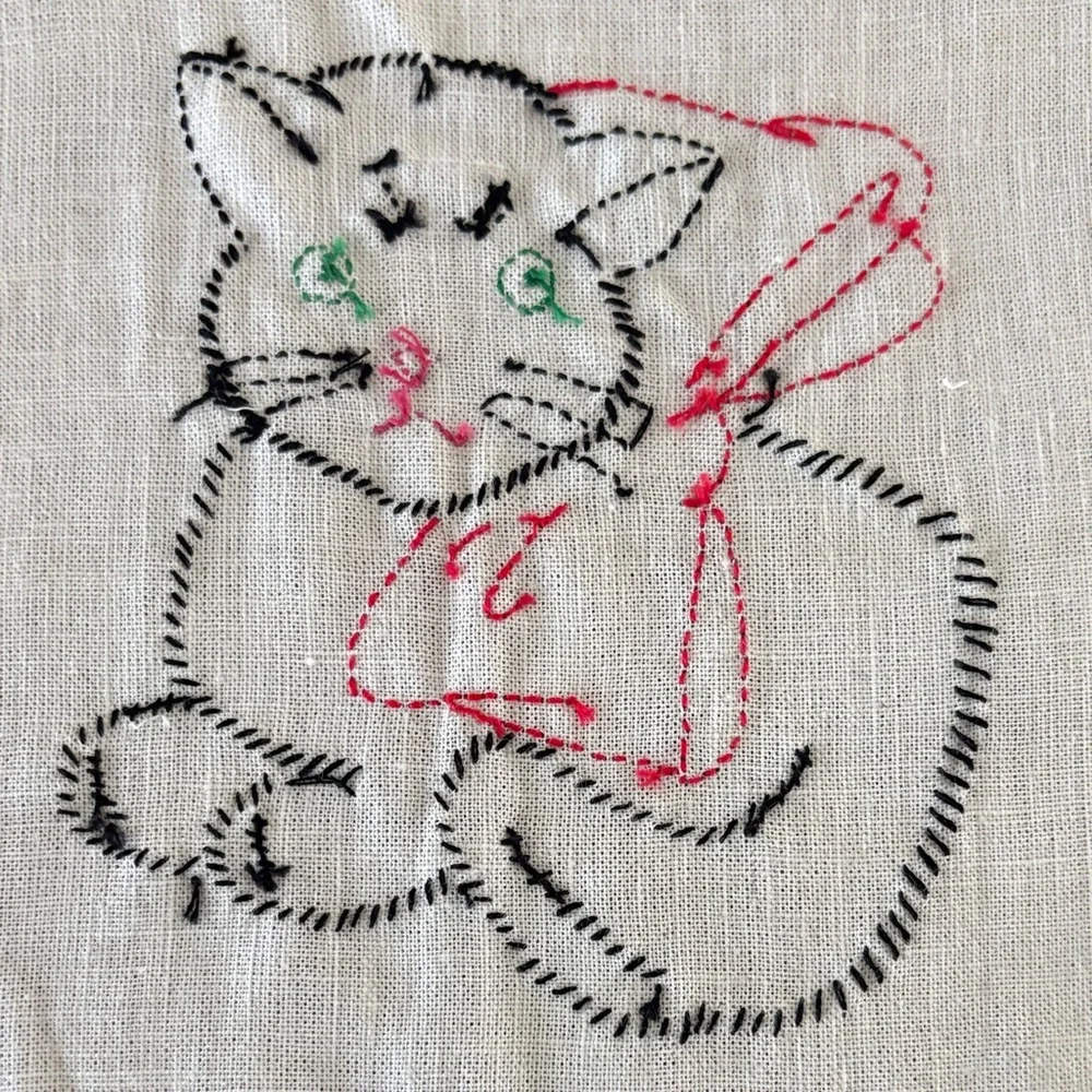 Hand Embroidered Cat Linen Squares - Blue and Pink